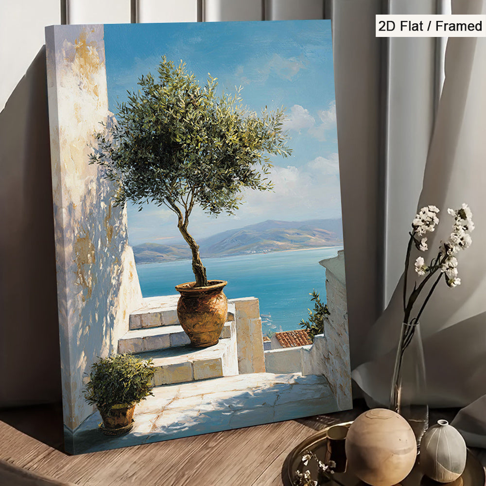 Mediterranean Olive Tree Canvas Wall Art, White Stone Steps and Blue Seaside View for Living Room — artwork and room preview
