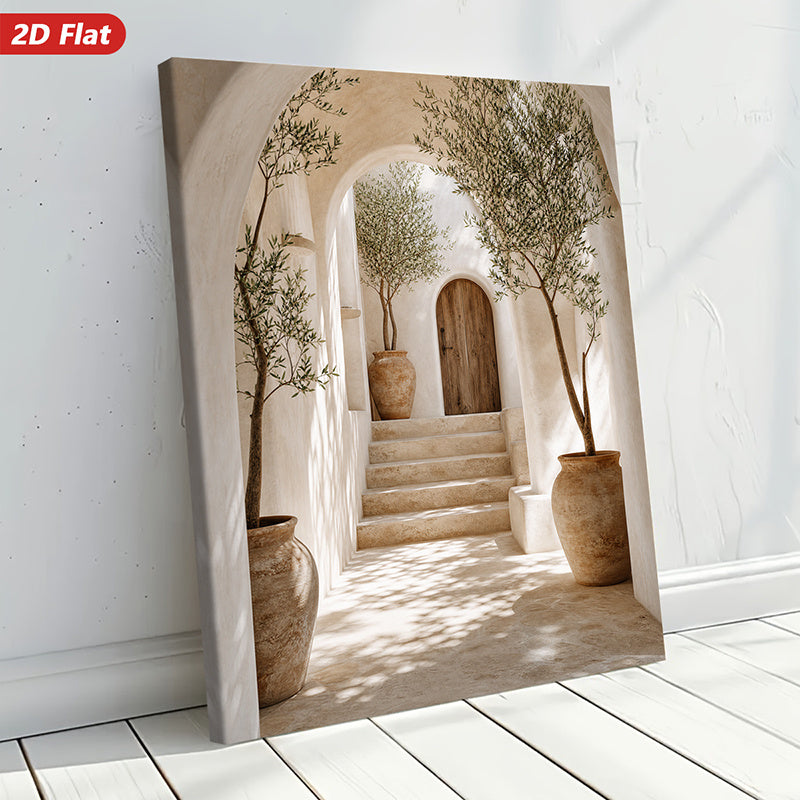 Mediterranean Archway Canvas Wall Art, White Stone Steps Olive Trees and Rustic Vases in Sunlight — artwork and room preview