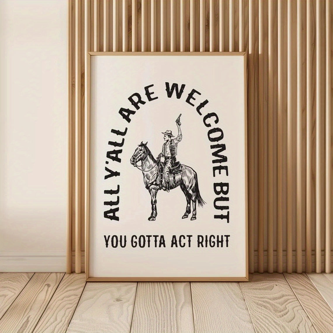 Western Cowboy Canvas Wall Art, All Yall Are Welcome Quote with Horse and Rider for Country Decor — artwork and room preview