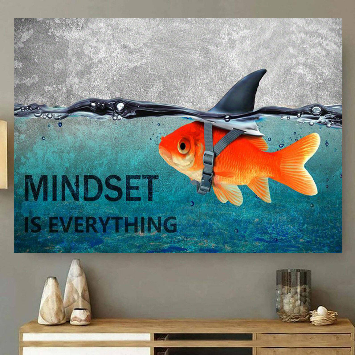 Mindset Is Everything Canvas Wall Art, Goldfish with Shark Fin and Motivational Quote for Office — artwork and room preview