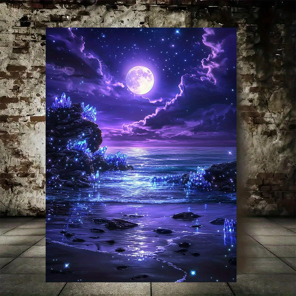 Purple Moonlit Ocean Canvas Wall Art, Luminous Coastal Nightscape with Stars and Dark Clouds — artwork and room preview