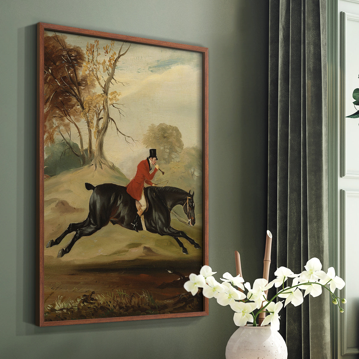 Vintage Horse and Rider Canvas Wall Art, Red Coated Hunter with Horn in a Country Landscape — artwork and room preview