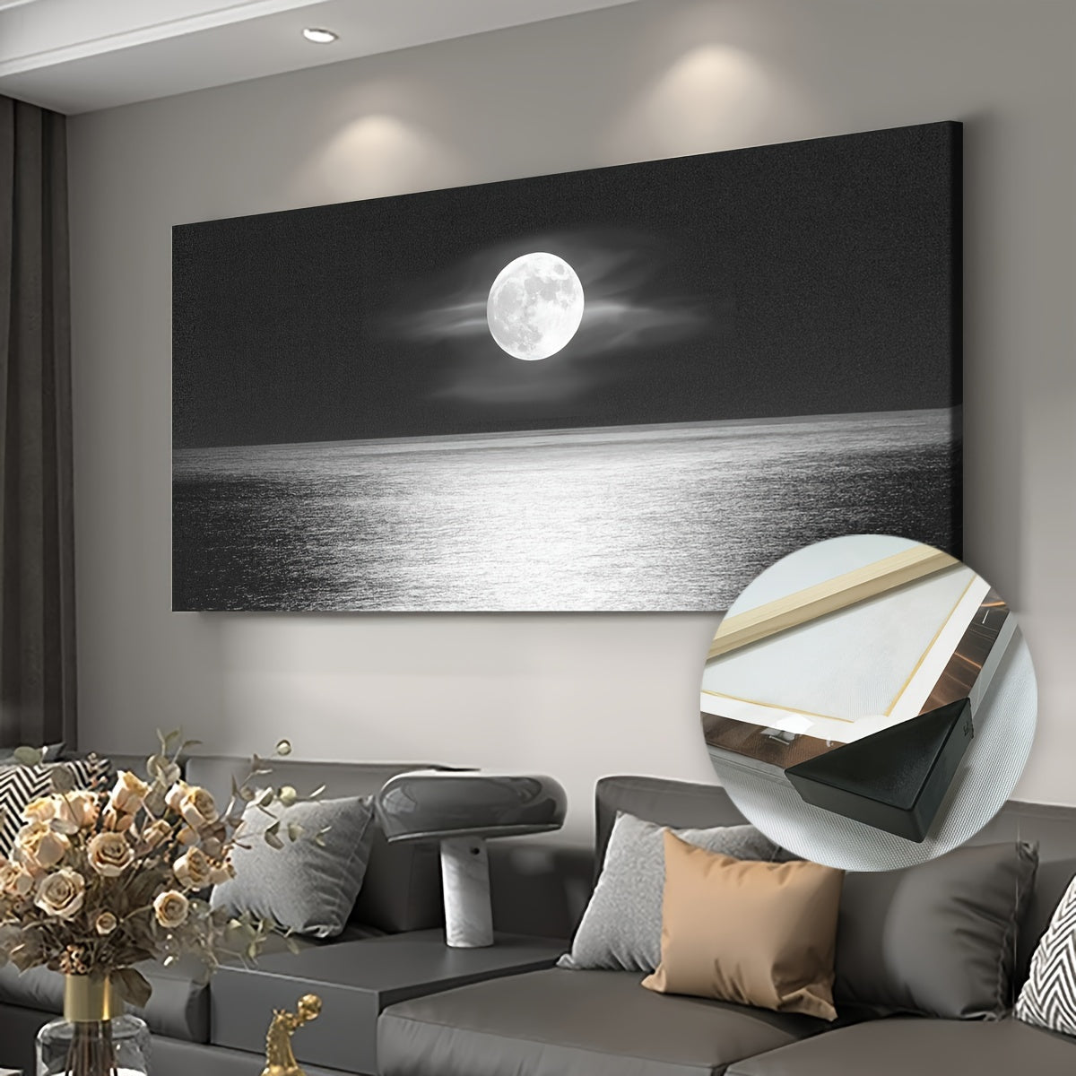 Moonlit Ocean Canvas Wall Art, Black and White Full Moon Seascape for Modern Living Room — artwork and room preview
