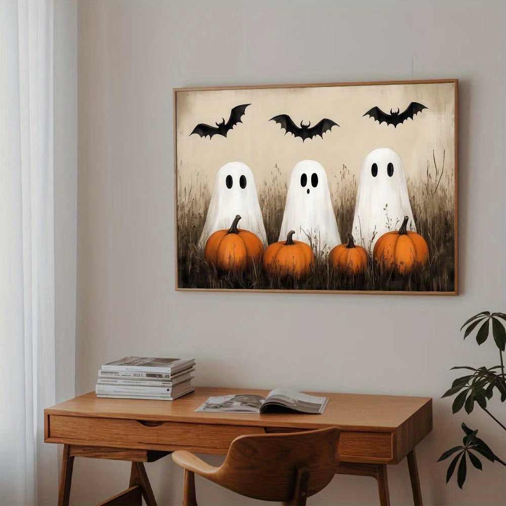 Halloween Ghosts Canvas Wall Art, Three Friendly Ghosts with Pumpkins and Bats in a Rustic Autumn Scene — artwork and room preview