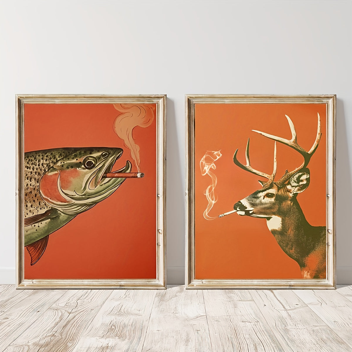 Retro Fish and Deer Canvas Wall Art Set of 2, Whimsical Smoking Animals on Vibrant Orange — artwork and room preview