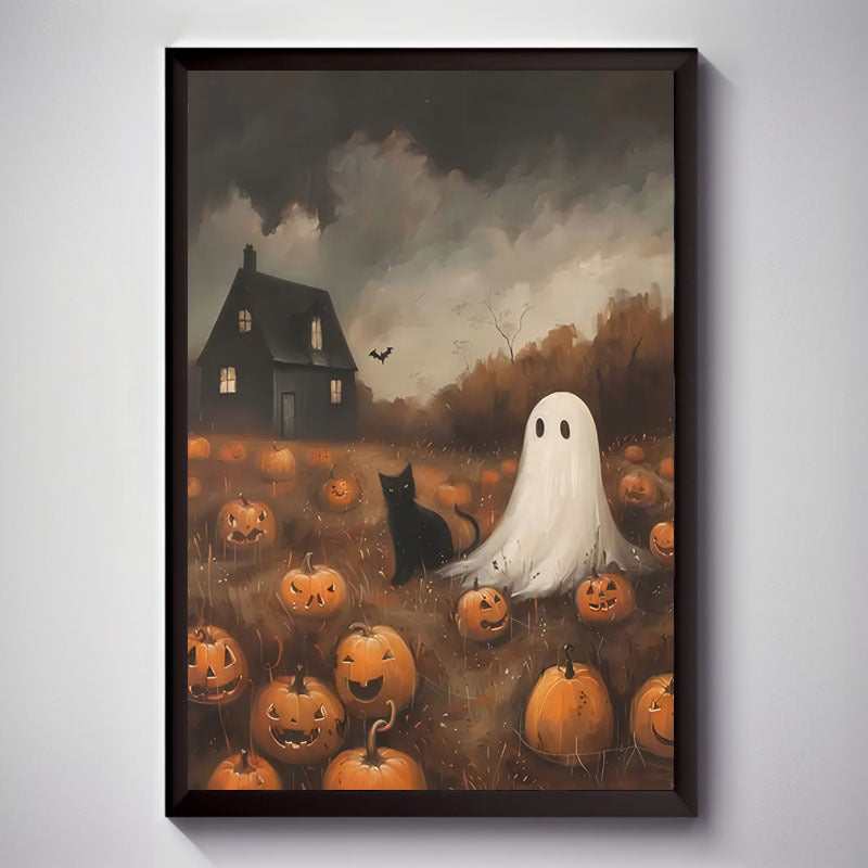 Halloween Ghost Canvas Wall Art, Black Cat and Pumpkin Patch with a Moody Gothic Cottage Scene — artwork and room preview