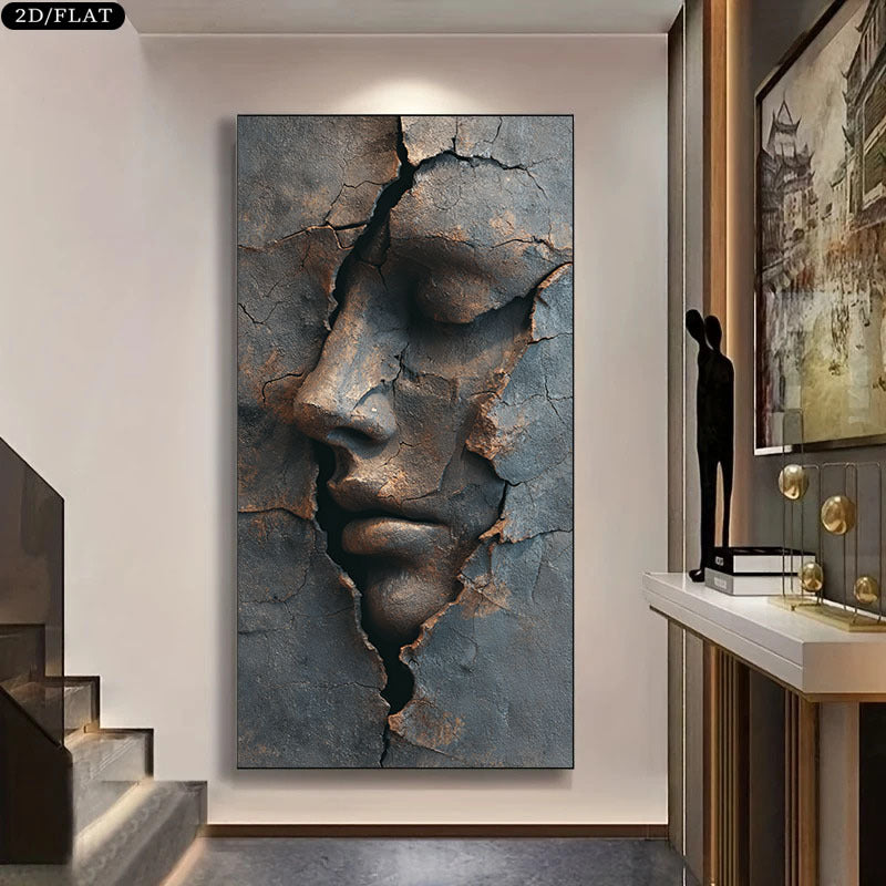 Cracked Abstract Face Canvas Wall Art, Grey and Brown Stone Effect Portrait for Modern Living Room — artwork and room preview