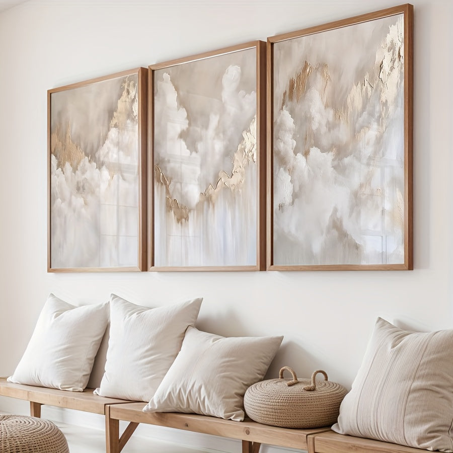 Golden Cloud Canvas Wall Art Set of 3, Beige and White Abstract Prints for a Neutral Living Room — artwork and room preview