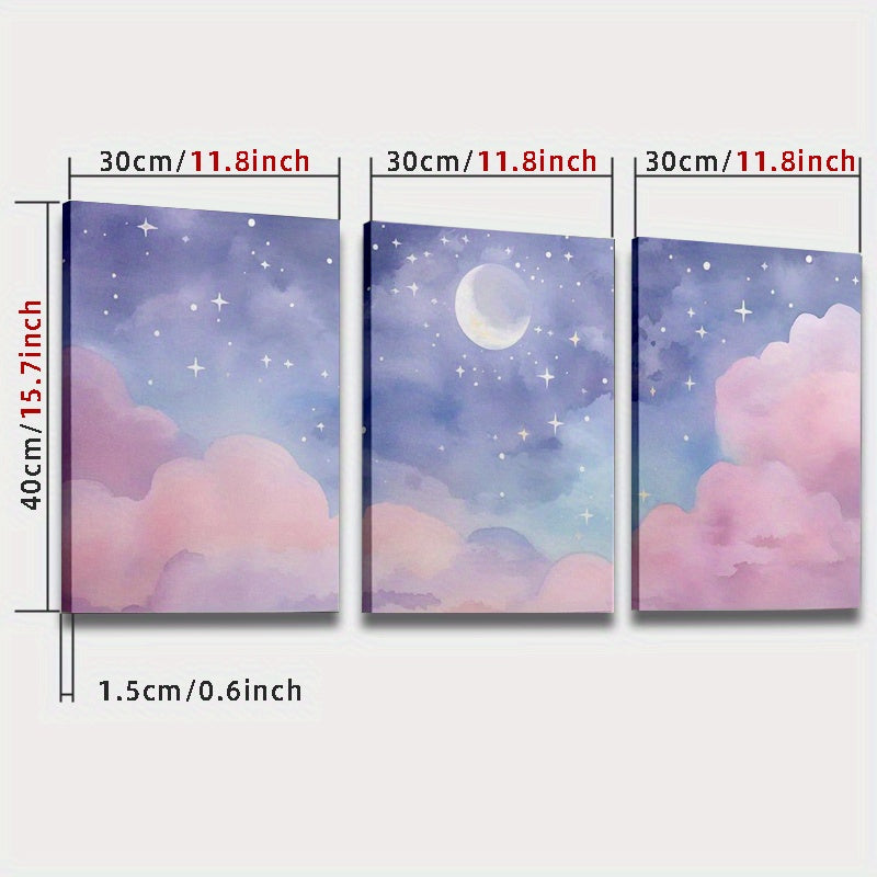 Pink and Purple Cloud Canvas Wall Art Set of 3, Watercolor Moon and Starry Sky for Bedroom — artwork and room preview