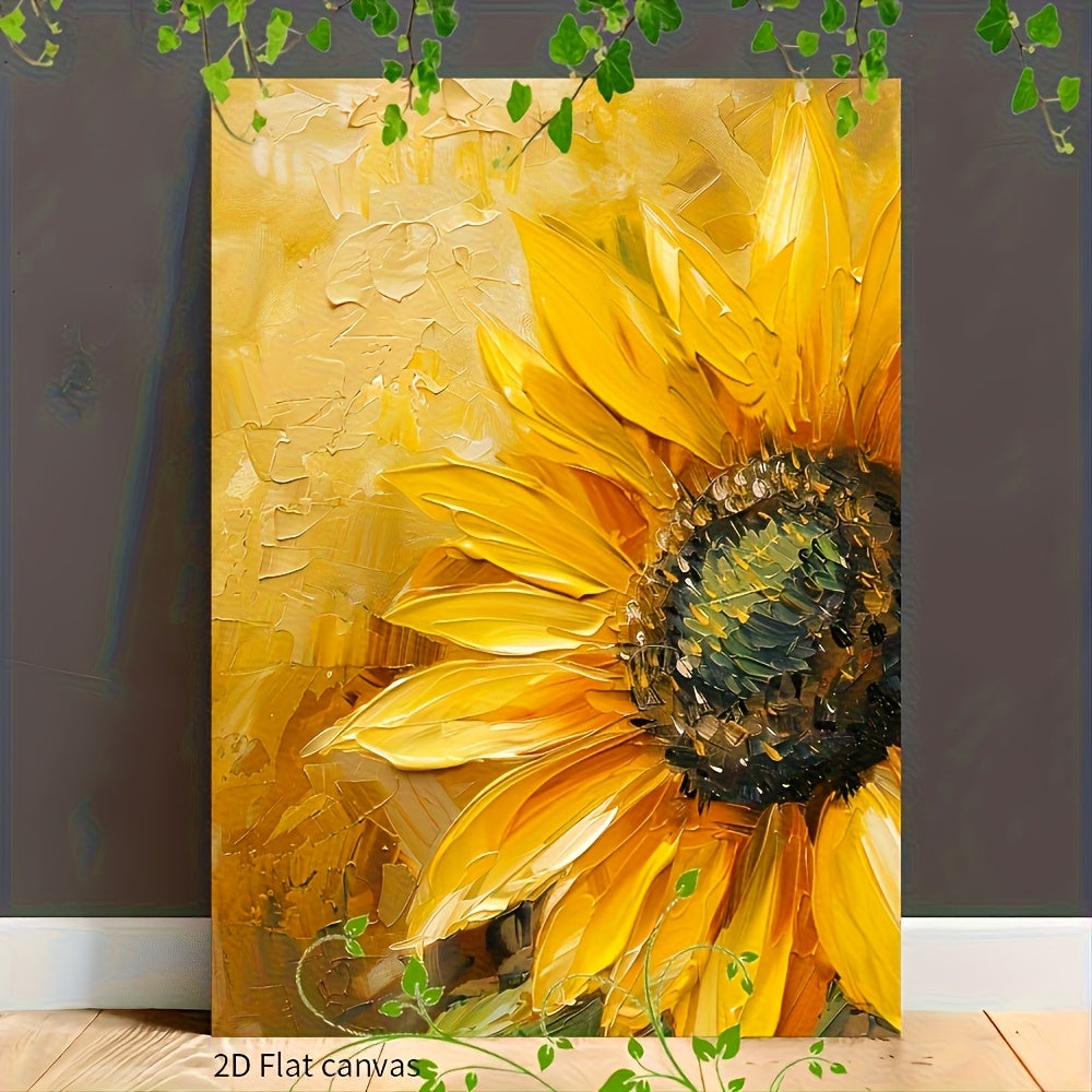 Yellow Sunflower Canvas Wall Art, Vibrant Close Up Petals with a Painterly Texture Effect — artwork and room preview