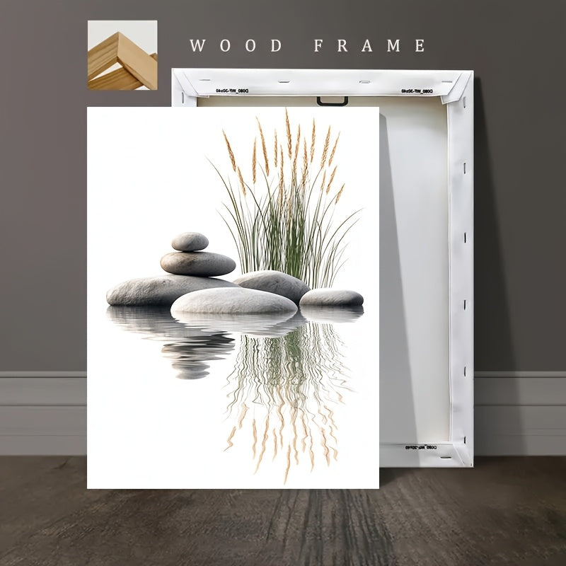 Zen Stones and Grass Canvas Wall Art, Smooth Grey Pebbles and Water Reflections on White — artwork and room preview