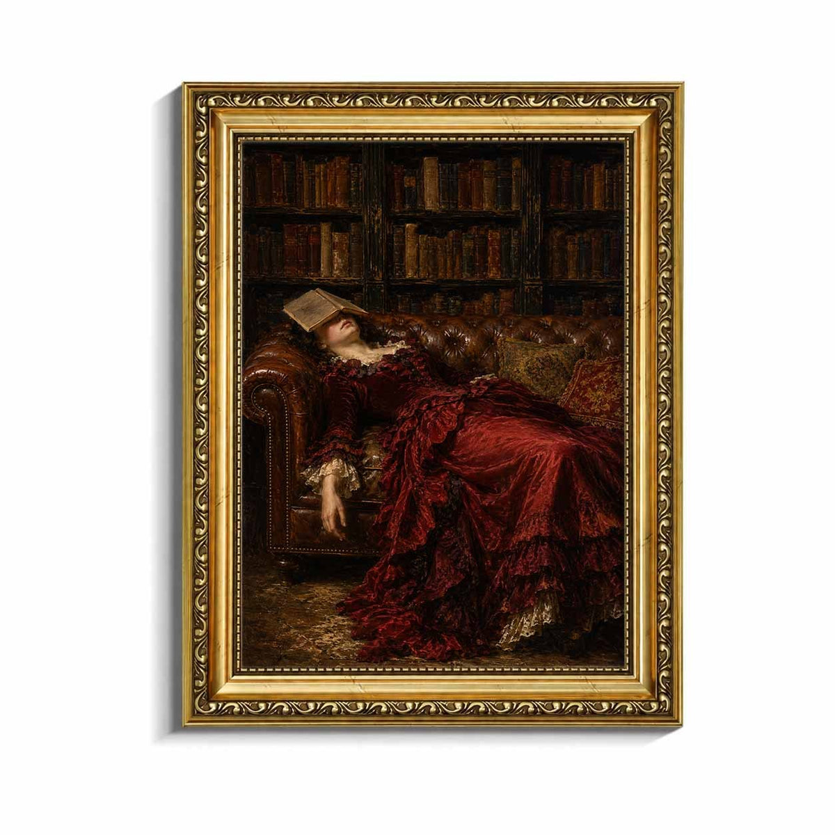Victorian Woman Reading Canvas Wall Art, Red Dress and Leather Sofa in a Dark Vintage Library — artwork and room preview