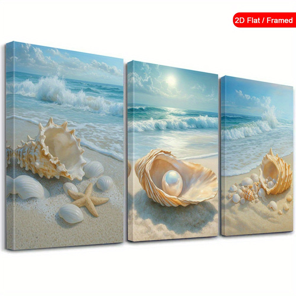 Seashell and Ocean Canvas Wall Art Set of 3, Sunny Blue Waves Pearl and Starfish Coastal Prints — artwork and room preview