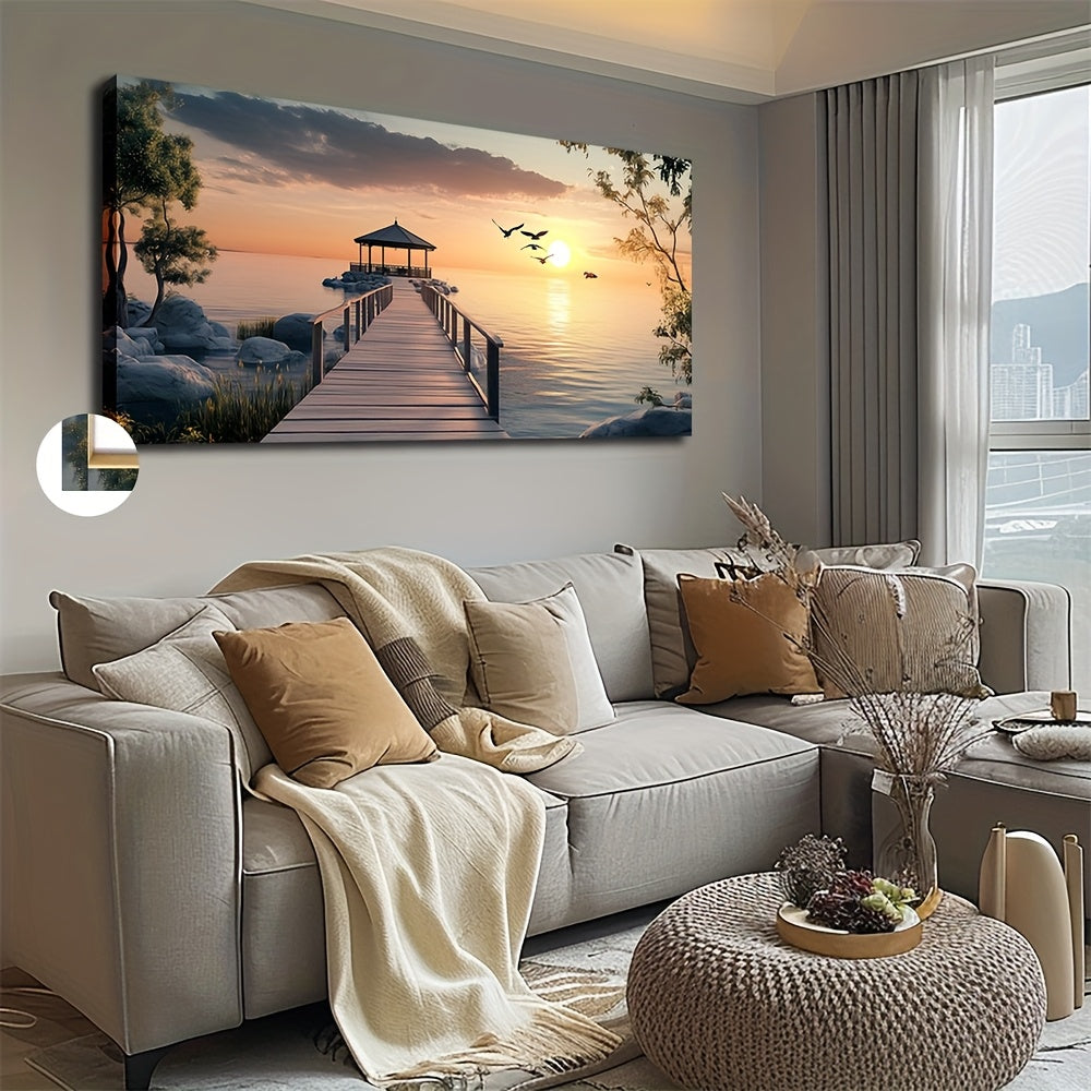 Coastal Pier Canvas Wall Art, Sunset Sea and Birds with a Wooden Gazebo for Living Room — artwork and room preview