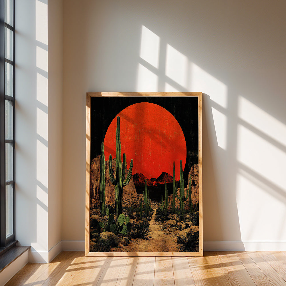Desert Cactus Canvas Wall Art, Red Sunset and Dark Southwestern Landscape for Living Room — artwork and room preview