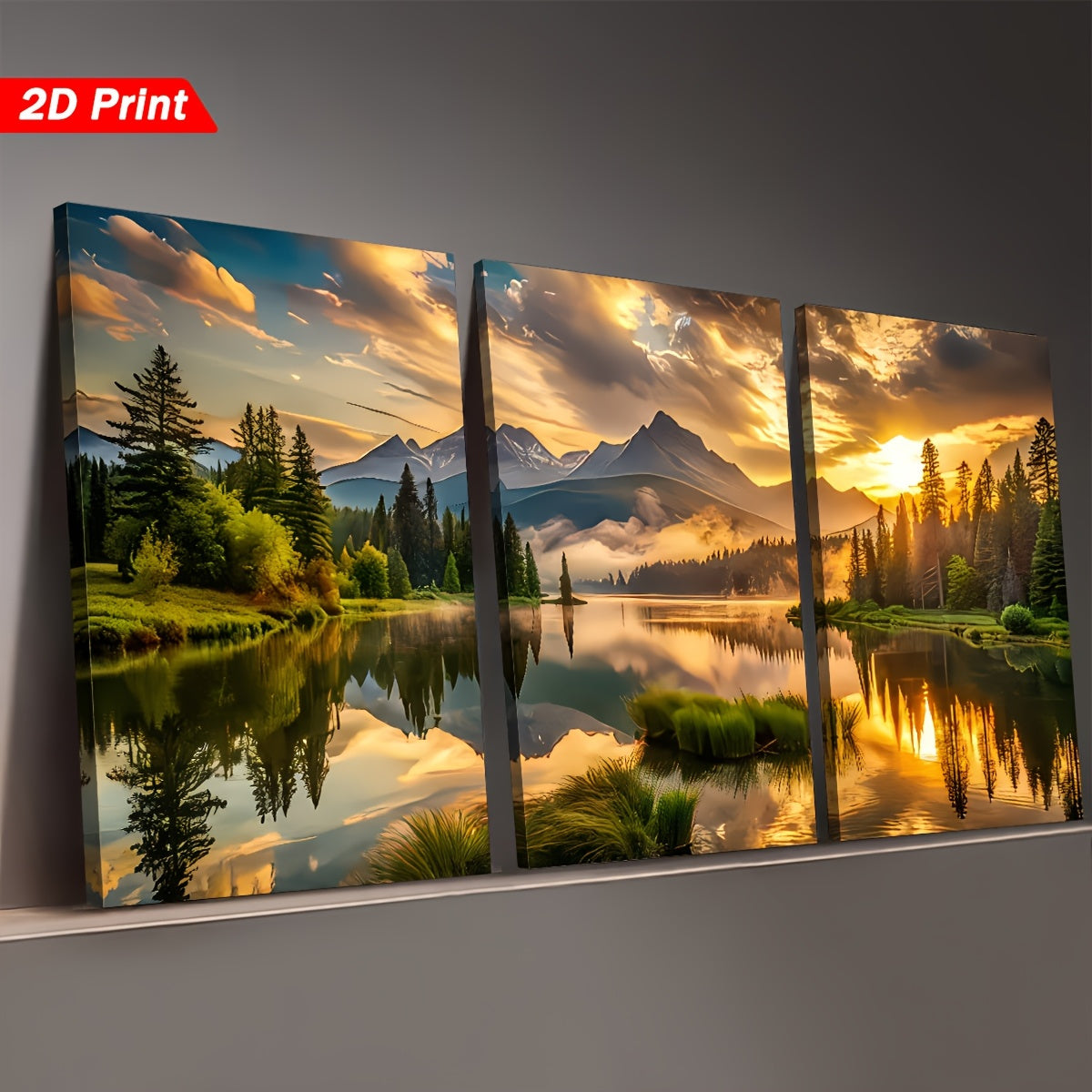 Sunset Mountain Lake Canvas Wall Art Set of 3, Golden Forest Reflections and Alpine Landscape — artwork and room preview