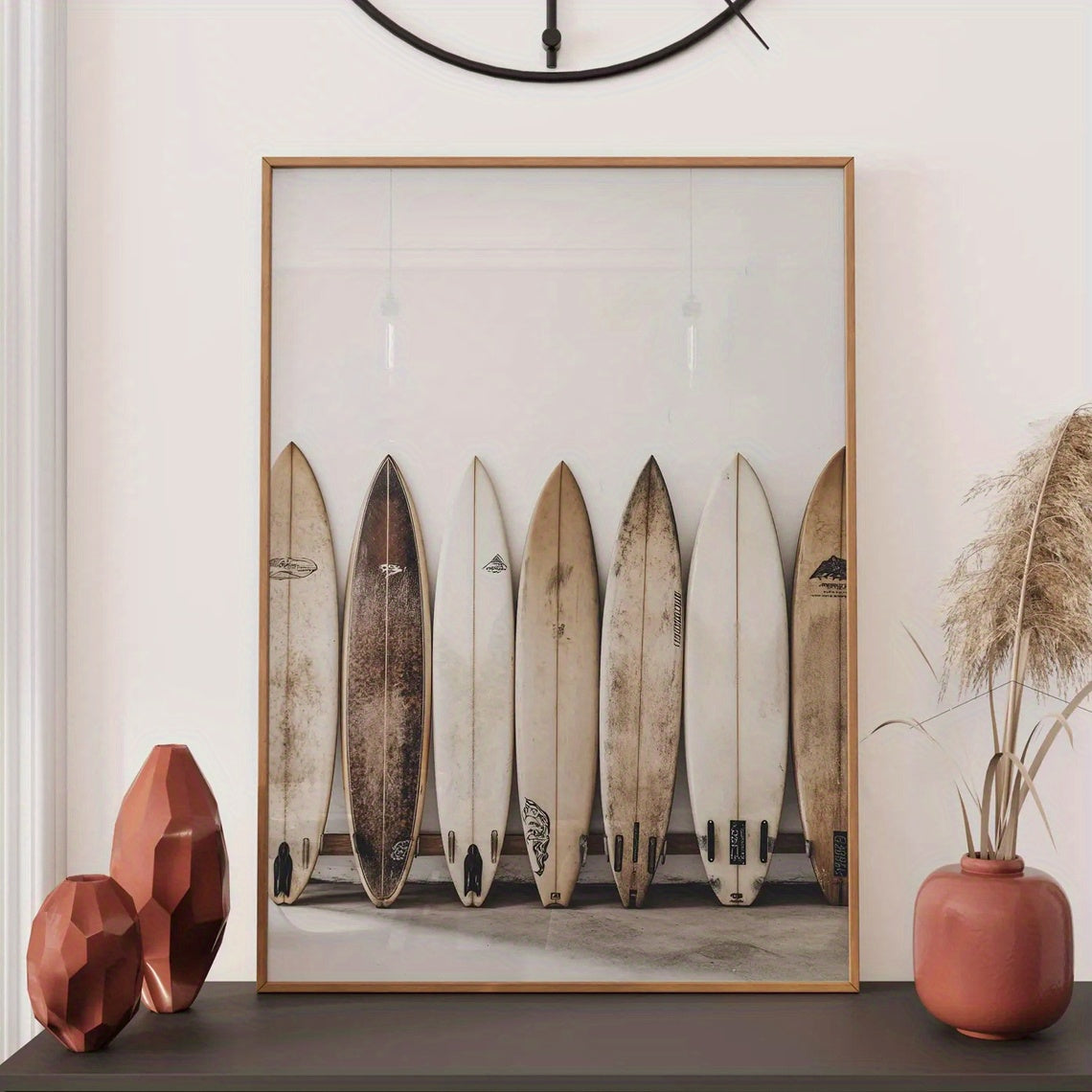 Vintage Surfboard Canvas Wall Art, Neutral Beige Coastal Beach Print for Living Room or Bedroom — artwork and room preview