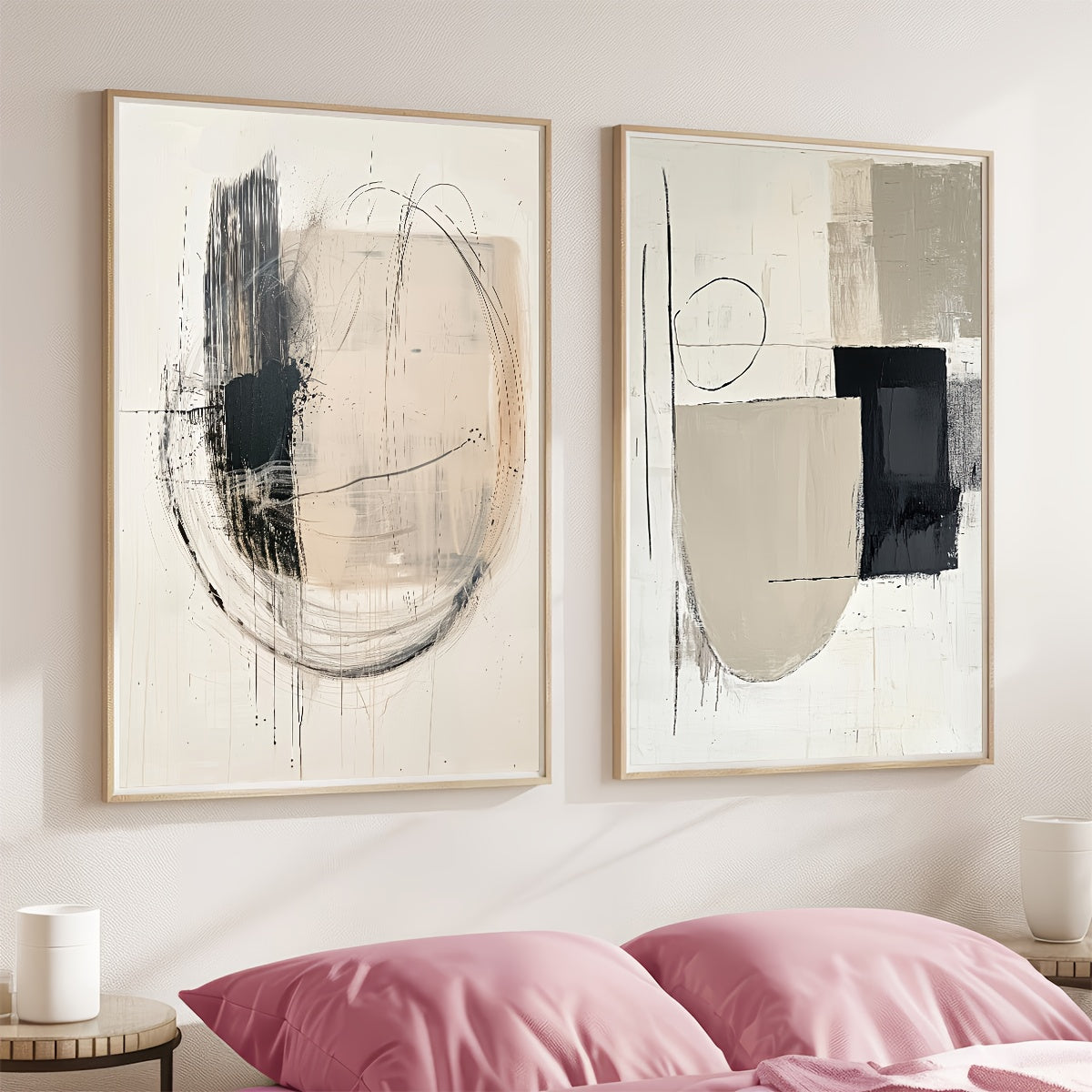 Neutral Abstract Canvas Wall Art Set of 2, Black and Beige Circles and Geometric Shapes for Bedroom — artwork and room preview