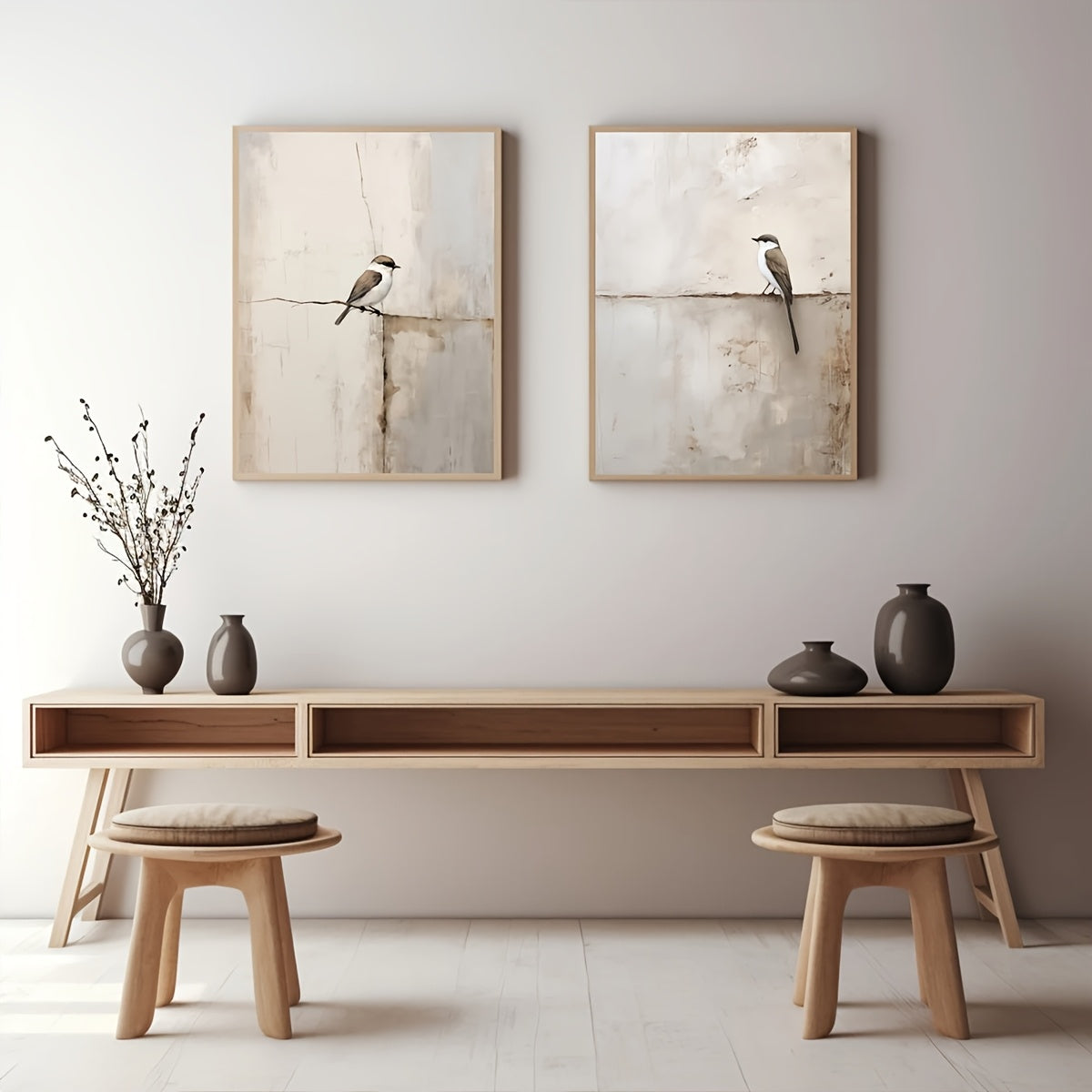 Japandi Bird Canvas Wall Art Set of 2, Minimalist Neutral Beige Nature Prints for Living Room — artwork and room preview