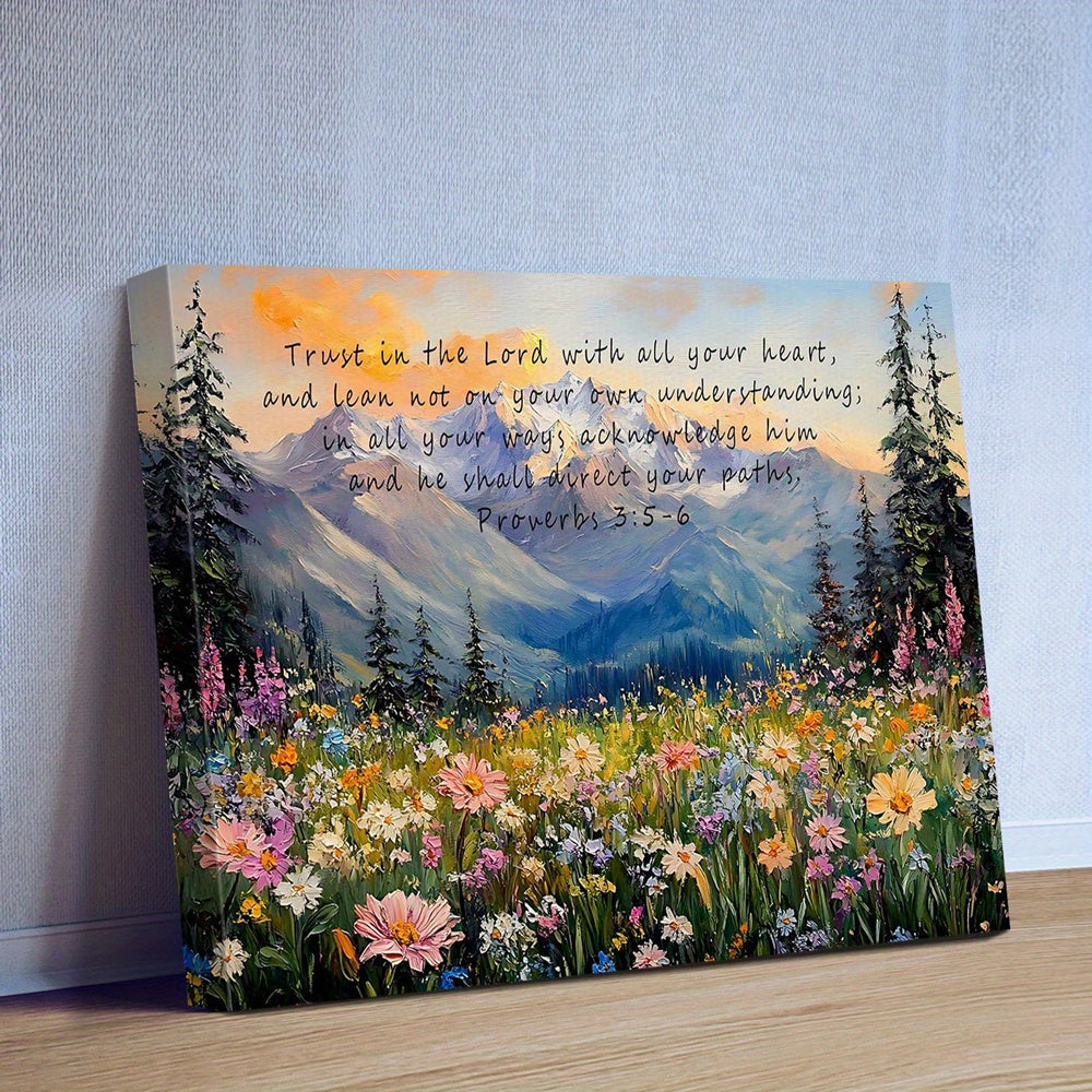 Trust in the Lord Canvas Wall Art, Proverbs 3 Christian Verse with Mountain Wildflower Landscape — artwork and room preview