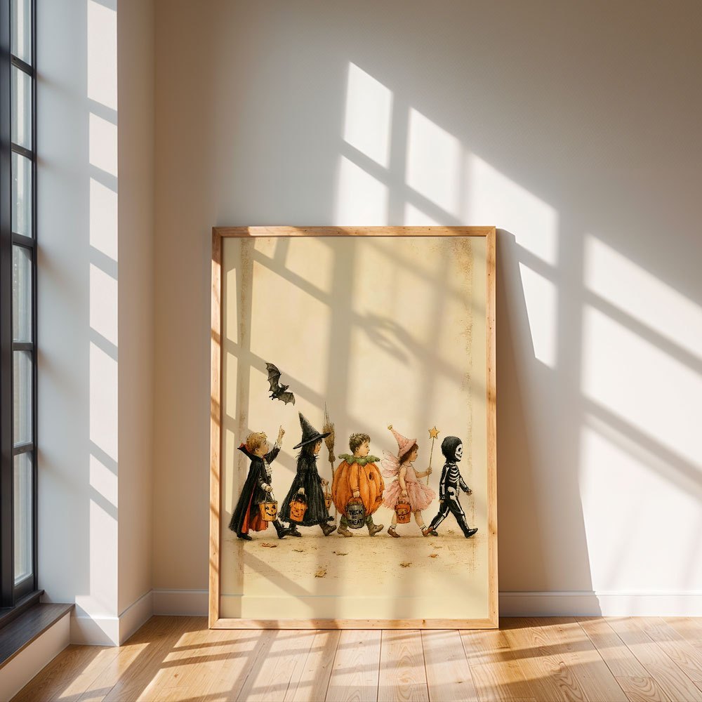 Vintage Halloween Parade Canvas Wall Art, Cute Trick or Treat Costumes on a Neutral Background — artwork and room preview