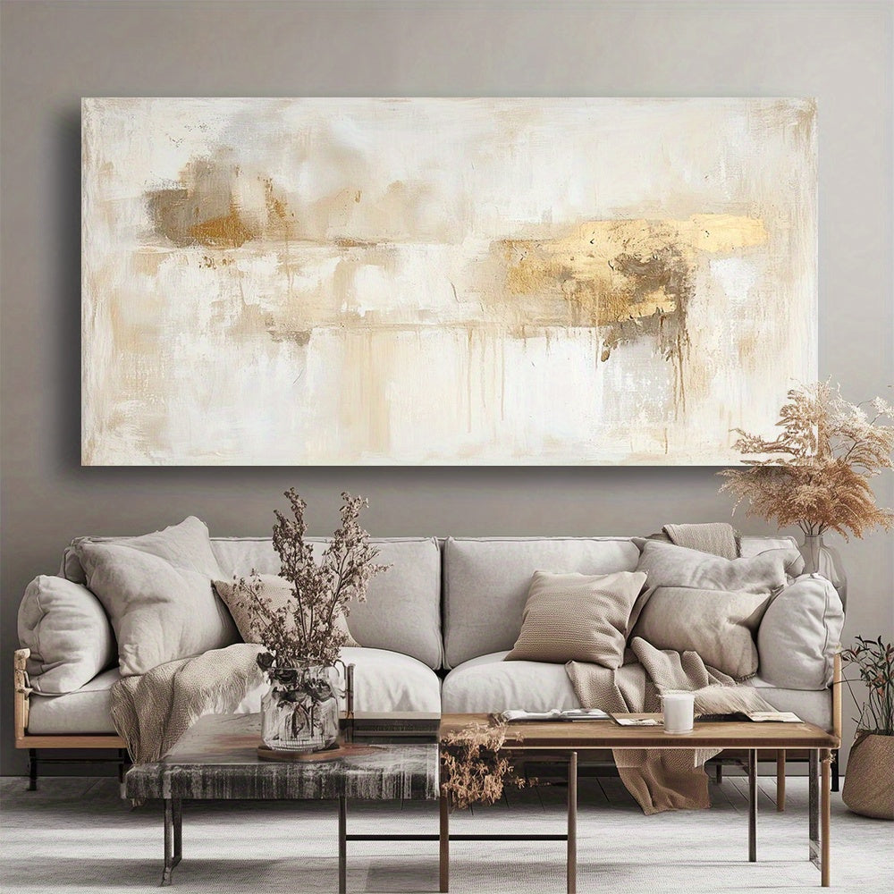 Gold and Cream Abstract Canvas Wall Art, Modern Flowing Shapes for Neutral Living Room Decor — artwork and room preview