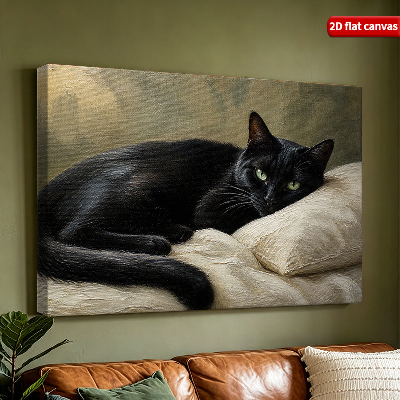 Resting Black Cat Canvas Wall Art, Gentle Pet on a Soft Cream Pillow in Muted Green Tones — artwork and room preview