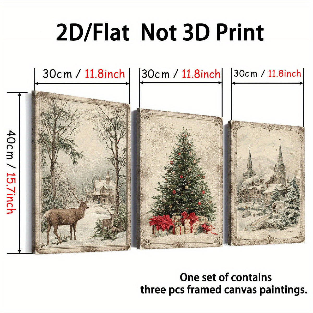 Vintage Christmas Canvas Wall Art Set of 3, Reindeer Tree and Snowy Village in Rustic Winter Tones — artwork and room preview