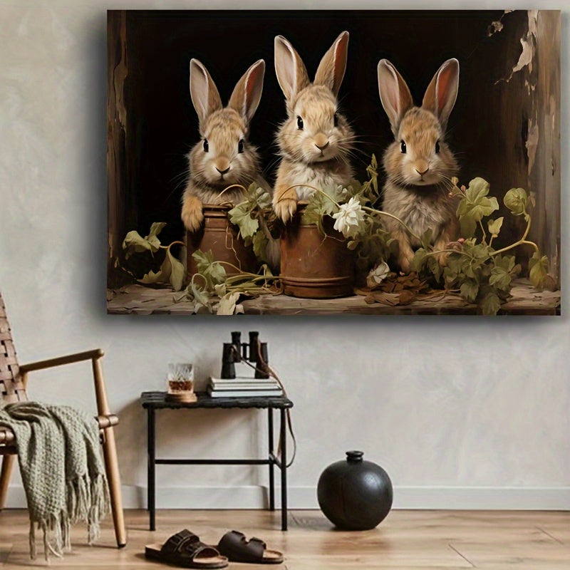 Easter Bunny Canvas Wall Art, Three Rustic Rabbits and Spring Florals for Farmhouse Living Room — artwork and room preview