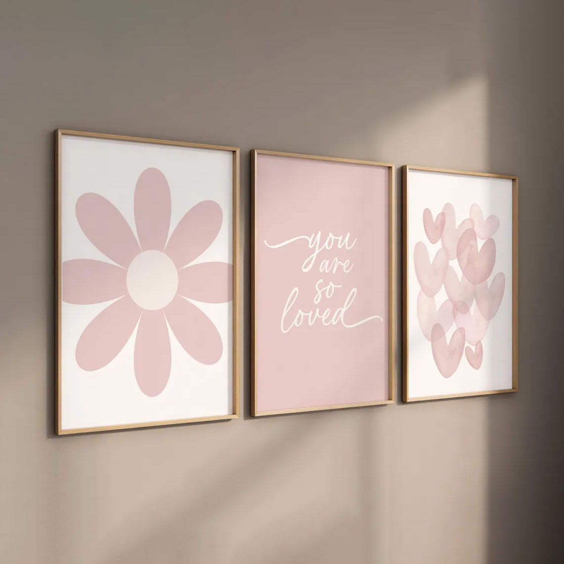 Blush Pink Canvas Wall Art Set of 3, Daisy Flower Hearts and You Are So Loved Quote for Girls Bedroom — artwork and room preview