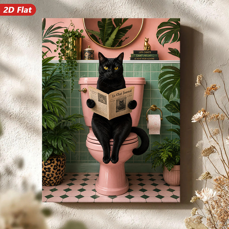 Black Cat on a Pink Toilet Canvas Wall Art, Funny Newspaper Scene with Tropical Bathroom Plants — artwork and room preview