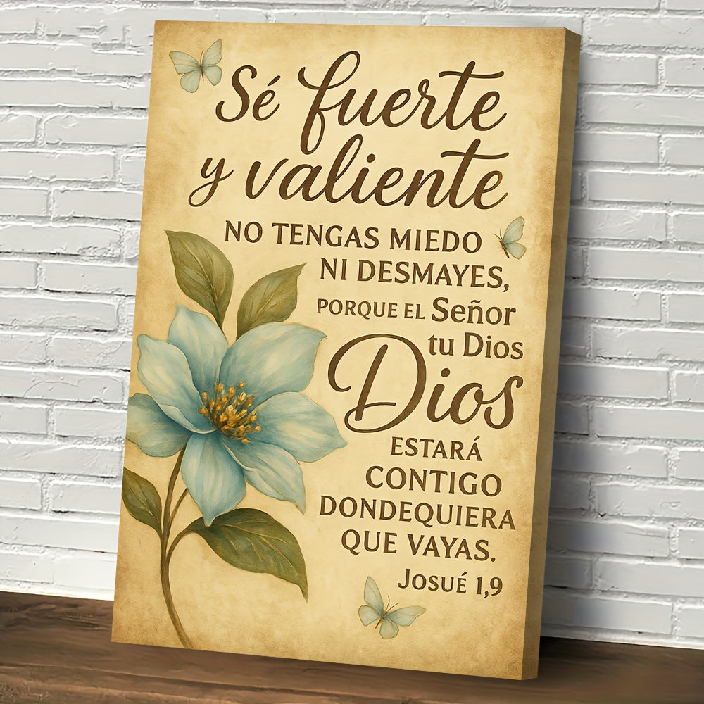 Spanish Christian Canvas Wall Art, Se Fuerte y Valiente Scripture with Blue Flower and Butterflies — artwork and room preview