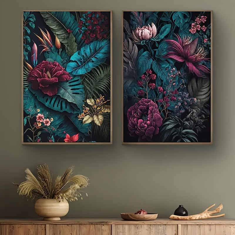 Dark Tropical Floral Canvas Wall Art Set of 2, Blue Leaves and Deep Red Flowers for Living Room — artwork and room preview