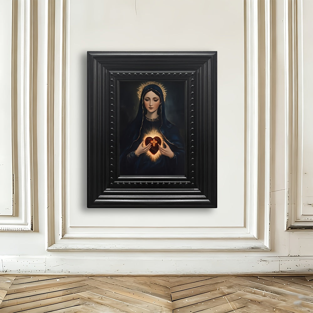 Sacred Heart of Mary Canvas Wall Art, Traditional Religious Portrait in Warm Vintage Tones — artwork and room preview