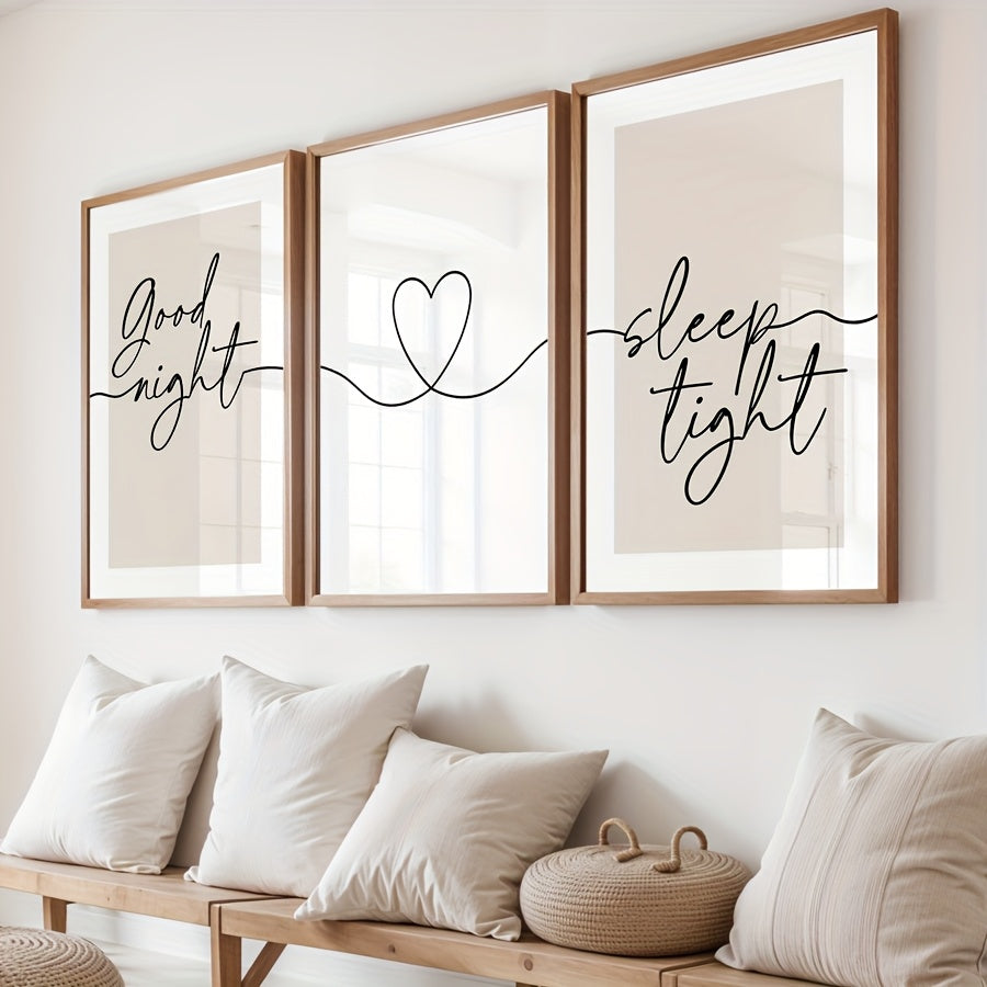 Good Night Sleep Tight Canvas Wall Art Set of 3, Neutral Boho Heart and Bedtime Quotes for Bedroom — artwork and room preview