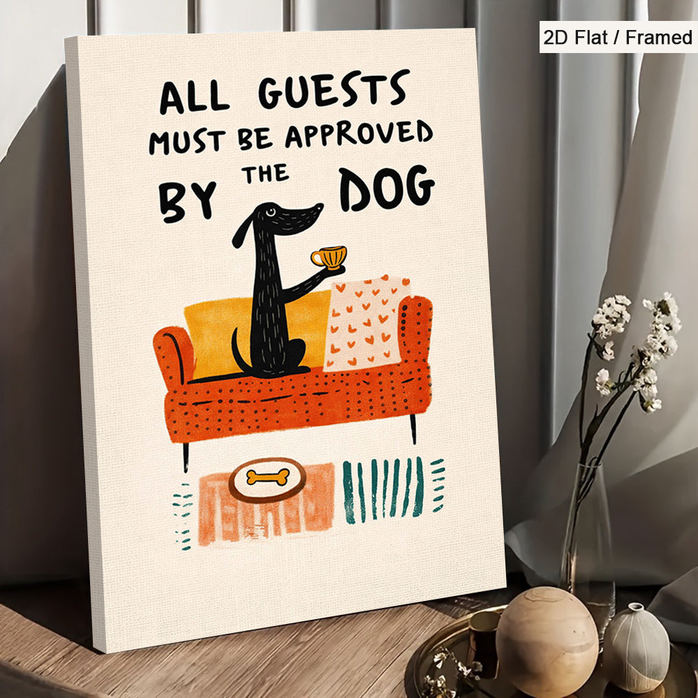All Guests Must Be Approved by the Dog Canvas Wall Art, Funny Dachshund on an Orange Sofa — artwork and room preview