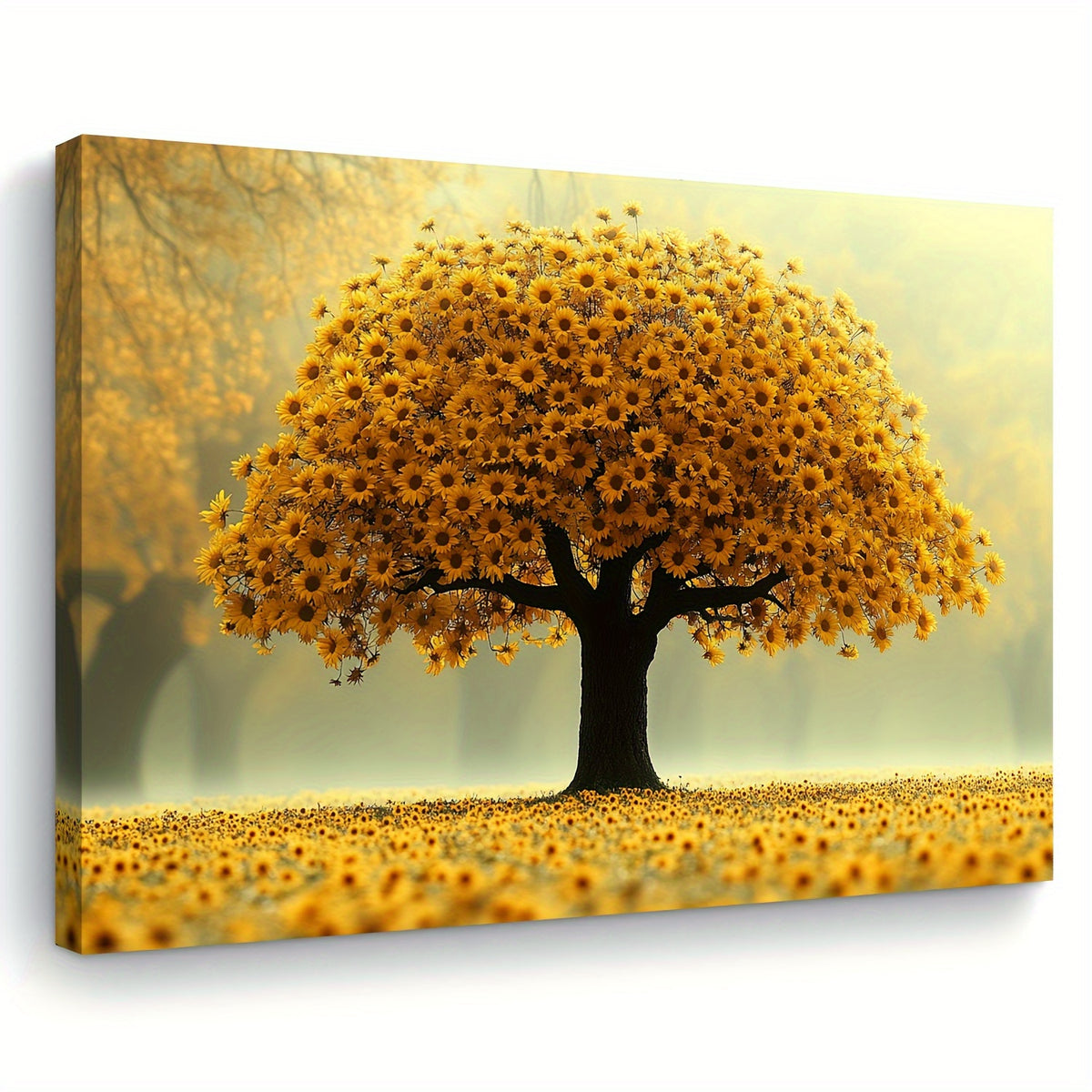 Sunflower Tree Canvas Wall Art, Golden Flowering Tree in a Bright Yellow Meadow Landscape — artwork and room preview