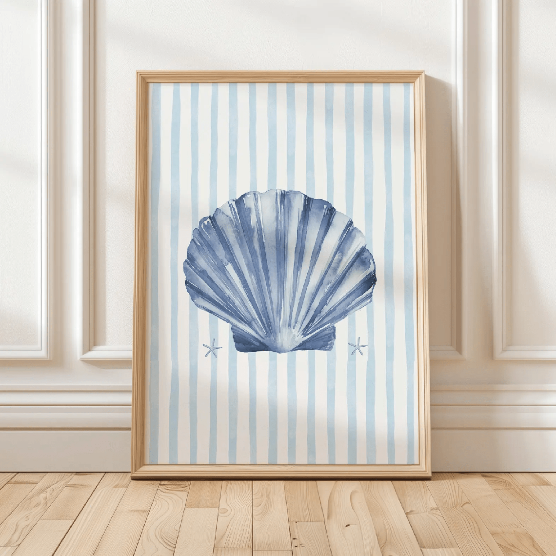 Blue Seashell Canvas Wall Art, Coastal Shell Illustration on Blue and White Stripes — artwork and room preview