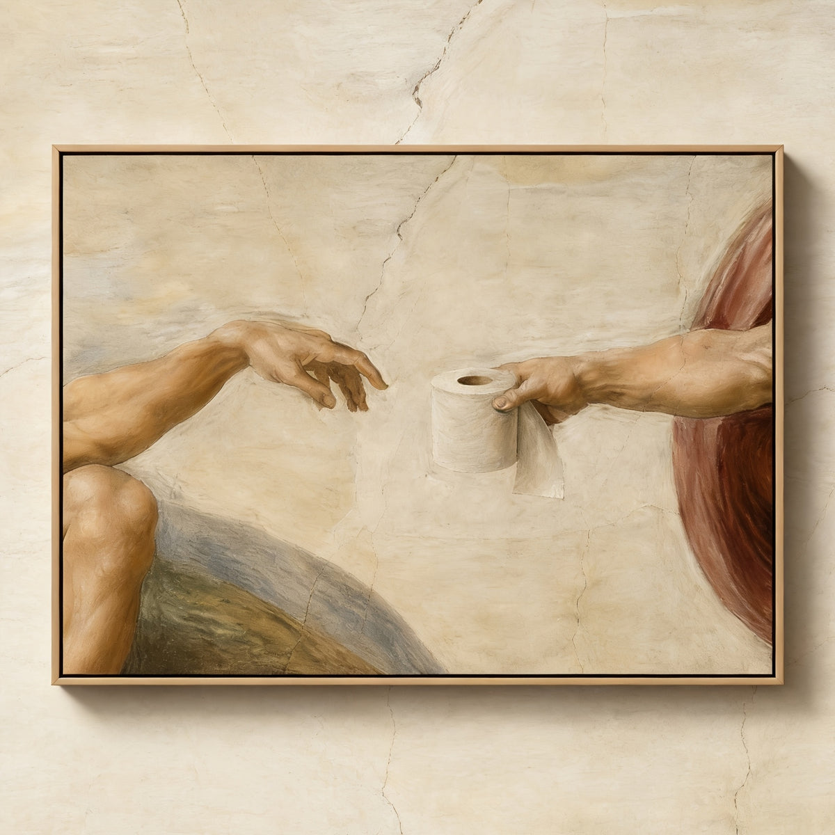 Creation of Adam Parody Canvas Wall Art, Toilet Paper and Reaching Hands in a Renaissance Bathroom Print — artwork and room preview