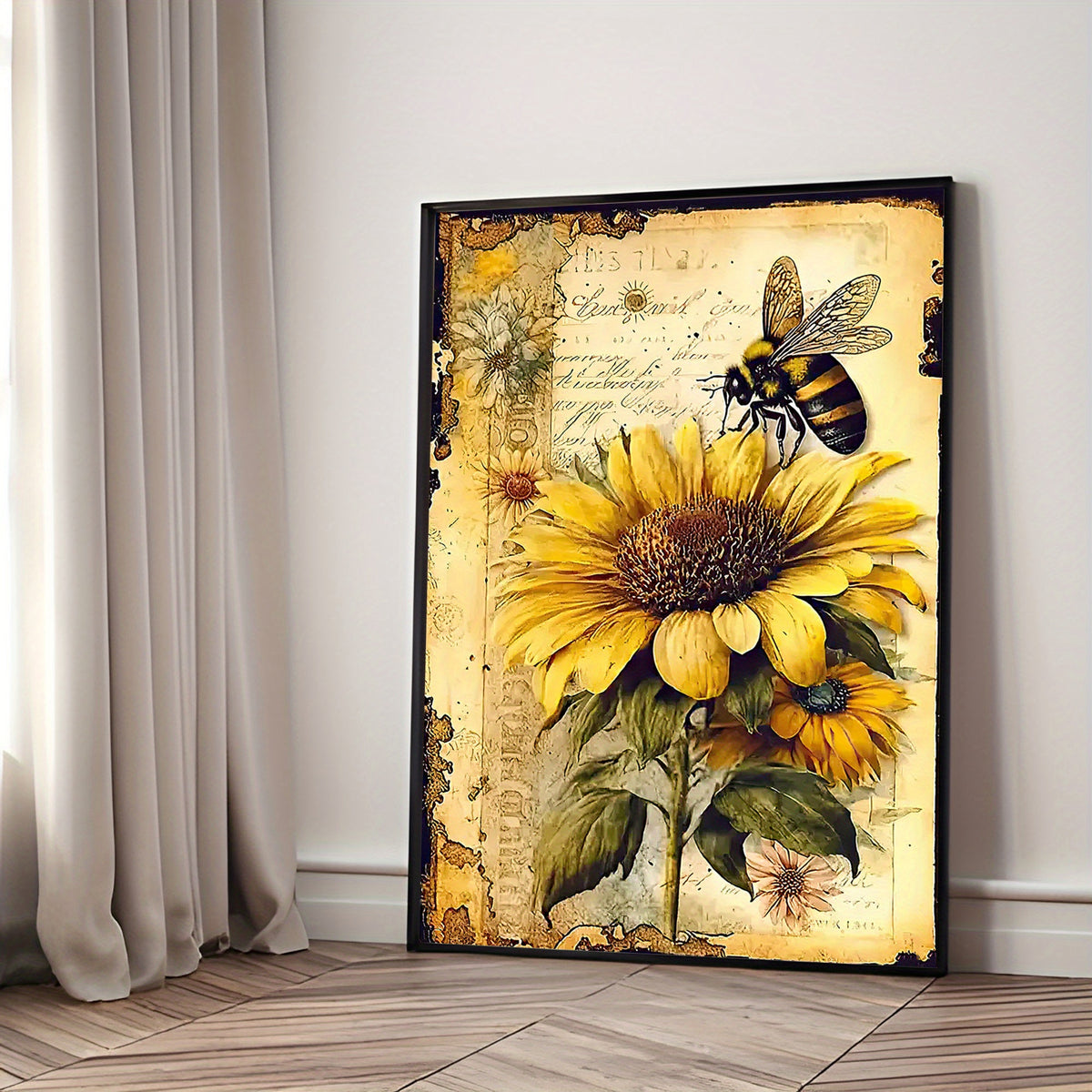 Vintage Sunflower and Bee Canvas Wall Art, Yellow Floral Botanical Print for Farmhouse Kitchen — artwork and room preview