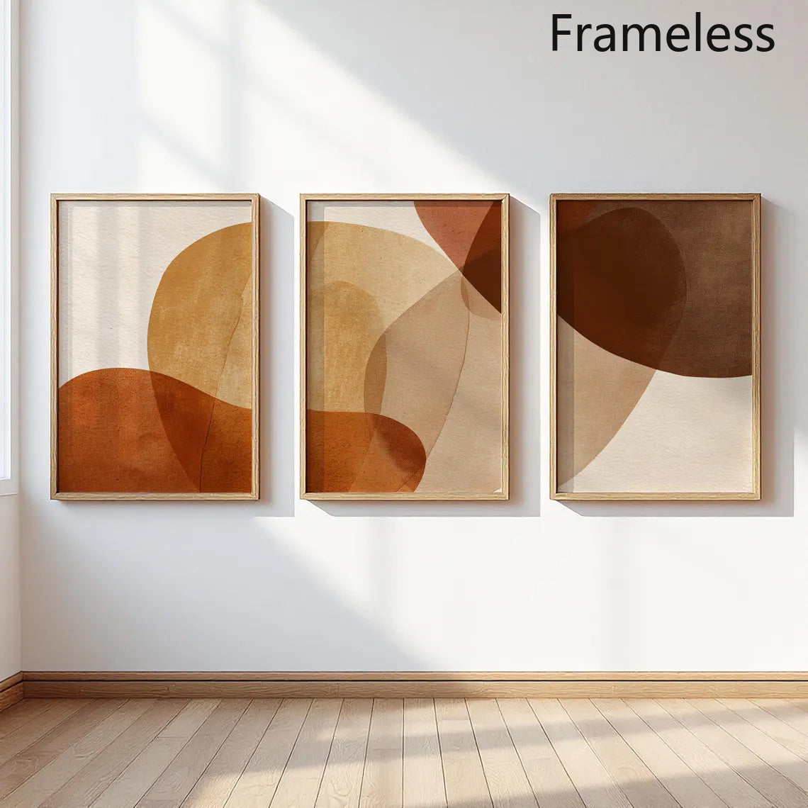 Terracotta Abstract Canvas Wall Art Set of 3, Beige and Brown Geometric Shapes for Scandinavian Decor — artwork and room preview