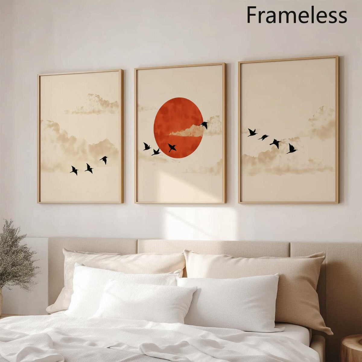 Japandi Birds Canvas Wall Art Set of 3, Red Sun Soft Clouds and Flying Birds in Neutral Tones — artwork and room preview