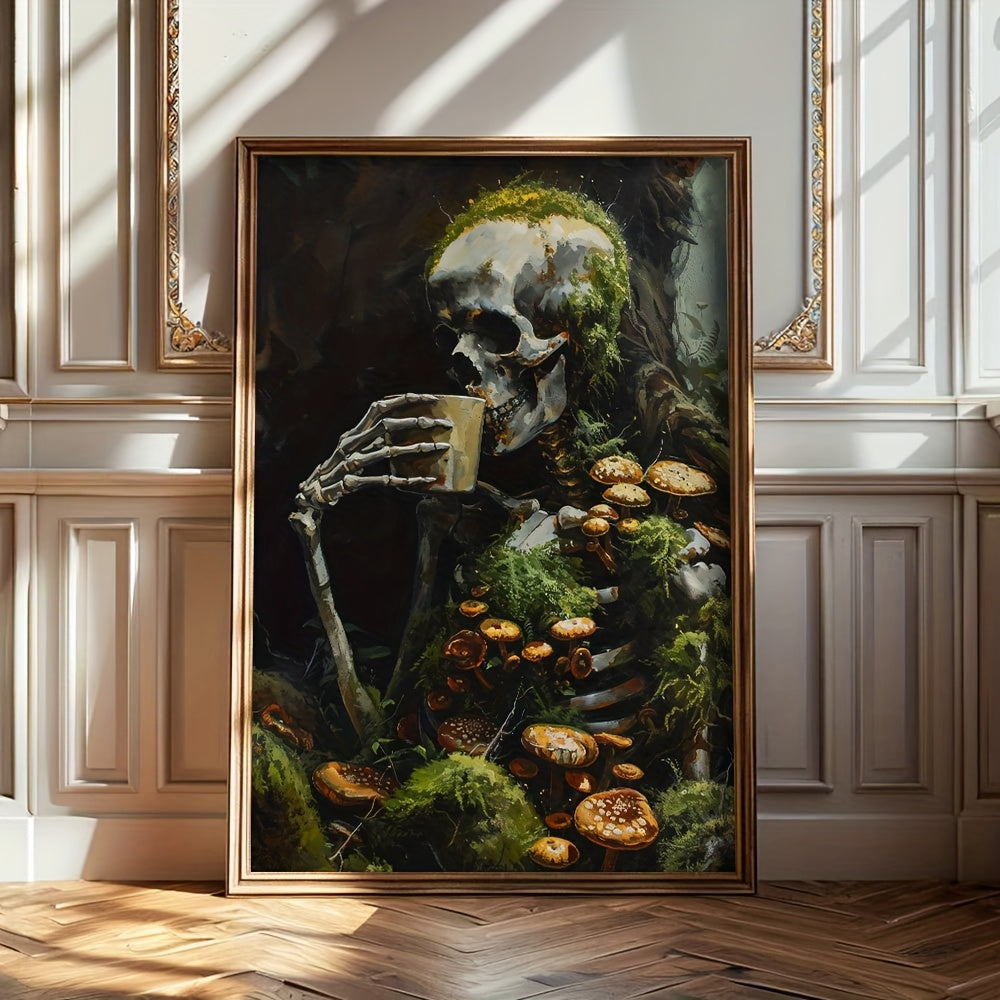 Botanical Skeleton Canvas Wall Art, Gothic Skull and Mushrooms Print in Dark Woodland Green Tones — artwork and room preview