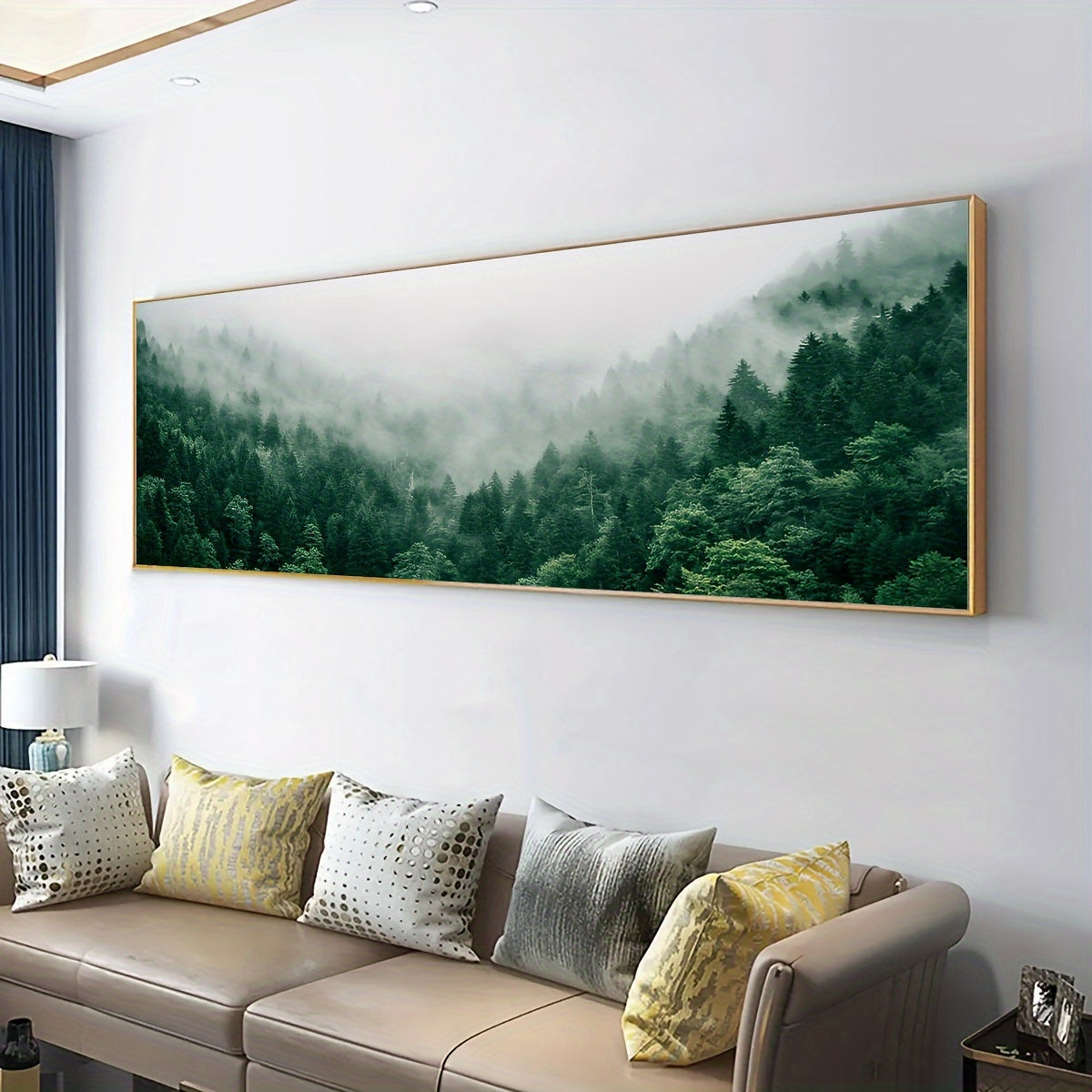 Misty Green Forest Canvas Wall Art, Panoramic Woodland Landscape for Living Room or Bedroom — artwork and room preview