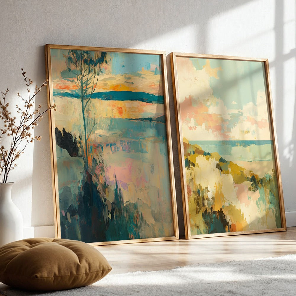 Abstract Coastal Landscape Canvas Wall Art Set of 2, Soft Blue Sea and Golden Meadow Prints — artwork and room preview