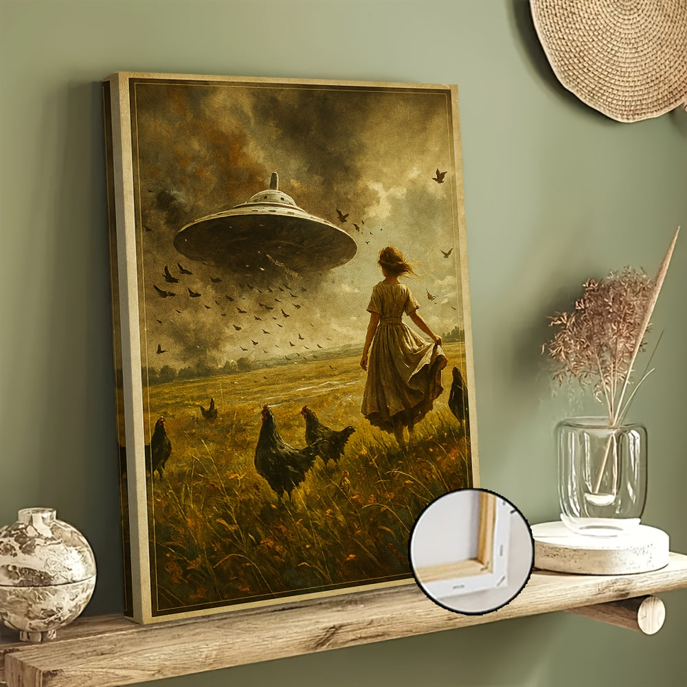 Surreal Farmhouse UFO Canvas Wall Art, Vintage Woman and Chickens beneath a Flying Saucer — artwork and room preview