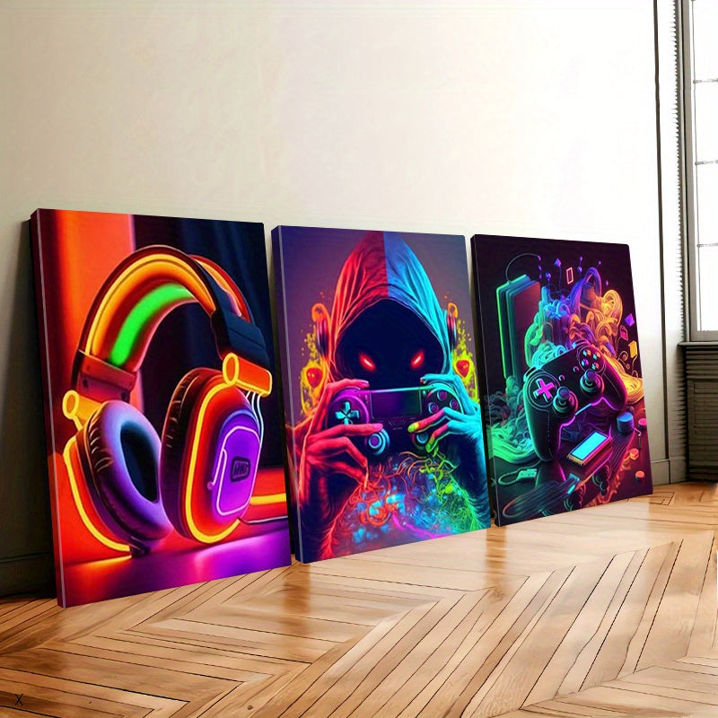 Neon Gamer Canvas Wall Art Set of 3, Colorful Headphones Hooded Player and Gaming Setup Prints — artwork and room preview