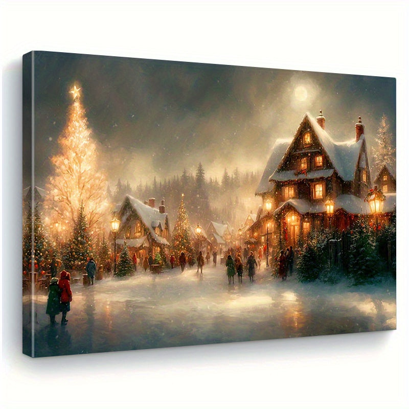 Cozy Christmas Village Canvas Wall Art, Warm Lit Houses and Festive Tree in a Snowy Winter Night — artwork and room preview