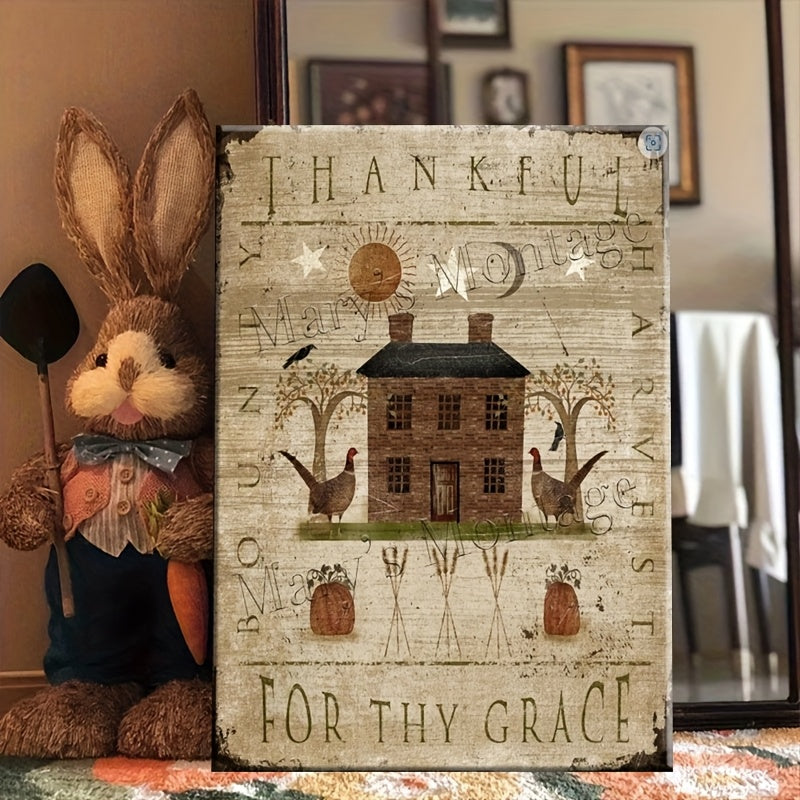 Thankful for Thy Grace Canvas Wall Art, Primitive Farmhouse Folk Art with House Chickens and Moon — artwork and room preview
