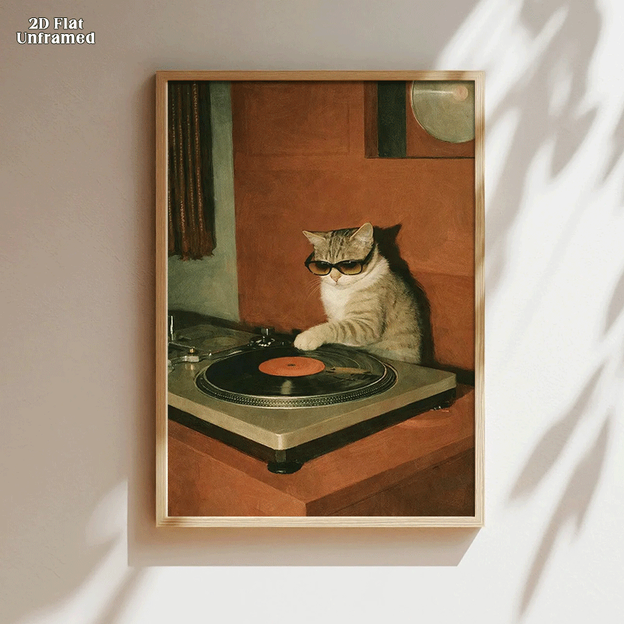 DJ Cat Canvas Wall Art, Retro Cat with Sunglasses and Vinyl Turntable for Music Room Decor — artwork and room preview
